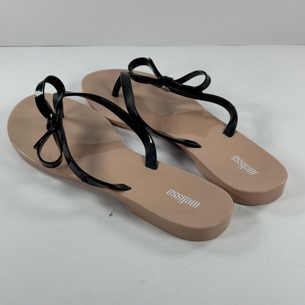 Melissa Harmonic Sweet Bow Thong Sandals Black Beige Vegan Jelly Flip Flops 10 - Picture 13 of 13